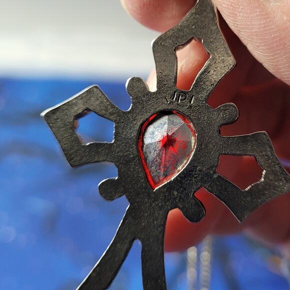 Pewter/silver Tone Cross Necklace Red Stones Gothic Medieval Renaissance Costume - Picture 5 of 5